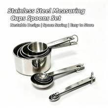 15pcs Stainless Steel Measuring Cups And Spoons Set, Includes 5 Stainless Steel Measuring Cups, 5 Stainless Steel Measuring Spoons And 5 Stainless Steel Mini Measuring Spoons, Detachable Metal Ring Design, Clear Scale Markings, Stackable Space-Saving, Kitchen Baking Utensils Accessory, Metal Baking Measuring Tool, Suitable For Cooking, Baking, Kitchen, Can Be Used For Measuring Flour, Sugar, Spices, Coffee, Liquid Ingredients And More - Silver - View 12