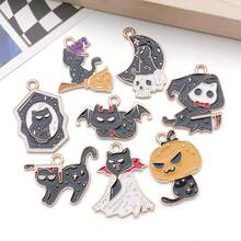 8pcs Alloy Enamel Black Skeleton Cat Halloween Pendant Jewelry Making DIY Earring Pendant Various Design Charms For Jewelry Making Bracelets Necklace - Multicolor - View 4