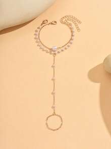 rundraw 2pcs/Set Gold Linked Finger Chain & Handmade Faux Pearl Bracelet, Elegant Jewelry Gift For Women, Daily Wear. - Multicolor - View 3