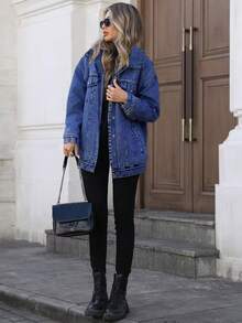 HAPPY GIRL#Spring/Autumn Fashion Festival Holiday Daily Travel Airport Outfit Women's Graphic Print Comfortable Commute Denim Jacket - Dark Wash - View 4