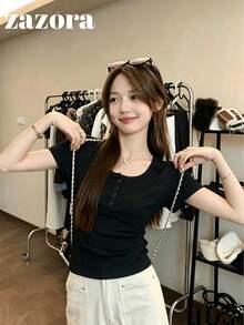 Black Thin Low Neck Short Sleeve T-Shirt Women Korean Style Slim Fit Cropped Top - Black - View 6