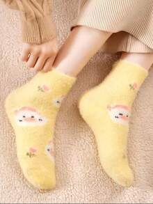 1/2/3 pares de calcetines casuales para mujer de media caña, color aleatorio, con estampado lindo de pato de dibujos animados, de felpa suave y cálidos para casa - Multicolor - Ver 2