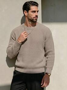 Unisex Textured Casual Knit Pullover Top, Relaxed Style, Suitable For Autumn And Winter - Khaki - View 1