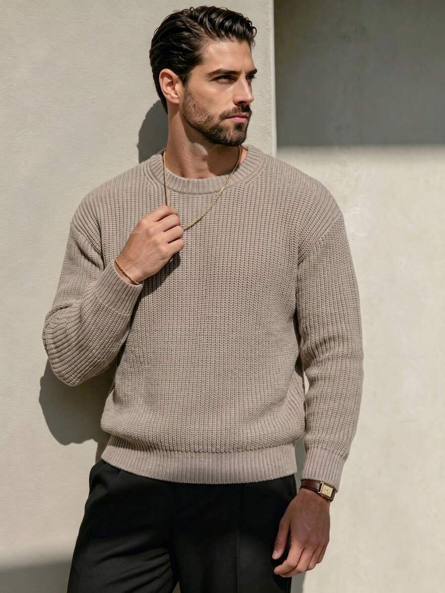 Unisex Textured Casual Knit Pullover Top, Relaxed Style, Suitable For Autumn And Winter - Khaki - View 1