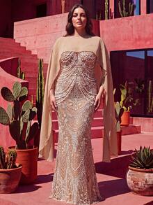 Women's Plus Size Elegant Romantic Charming Cold Shoulder Formal Evening Gown, Backless Beaded Mesh Sequin Dinner Cocktail Party Mermaid Floor-Length Dress - Champagne - View 6