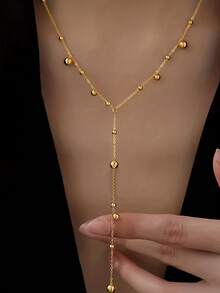 RAYQUEEN 1pc Personalized Design Large Round Bead Pendant Stainless Steel Tassel Necklace For Women, Suitable For Daily Wear - Gold - View 2