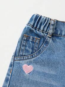 Baby Girl Denim Long Pants, All Season Casual Cute Mid-Blue Distressed Washed Ripped Distressed Frayed Hem Pink Heart Embroidery Elastic Waist Loose Wide Leg Comfortable Soft Premium Cotton Denim Fabric - Medium Wash - View 6