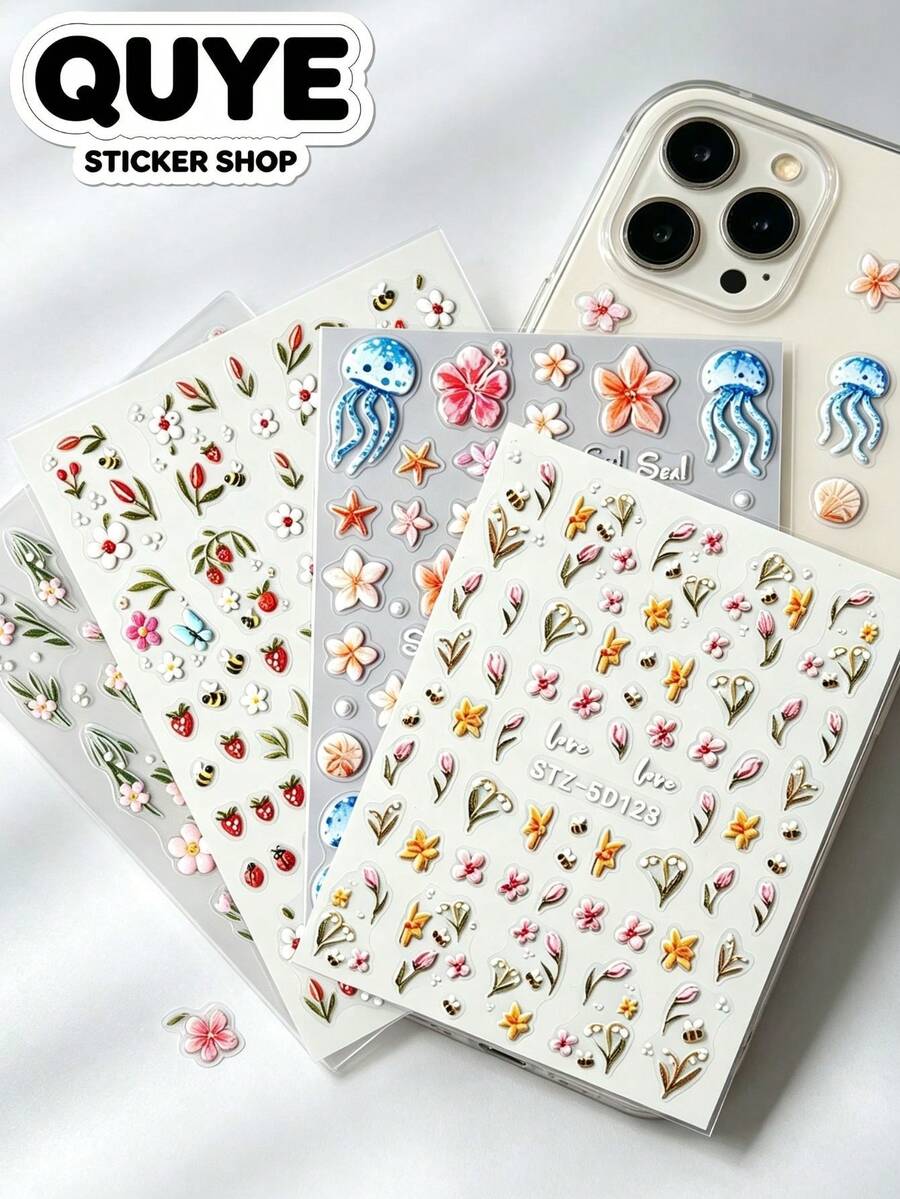 1 Set Adesivos, Scrapbook Supplies, Mixed Pattern Decor Stickers, Floral, Marine And Fruit Motif Decals, Self Adhesive Ornament Stickers For Nail, Phone, Gadget Surface Decoration - STZ-5D120121122 123 - View 1