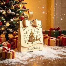 34/68/106pcs Christmas Bow Handheld Gift Box, Golden Elk & Xmas Tree Print Candy Treat Box Holiday Party Favor Packaging, Includes Christmas Stickers - D - View 2