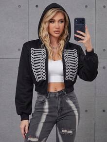 DOUCIU Women's Street Style Knit Short Jacket, Regular Length Medium Stretch Fashion Black Jacket - Black - View 2