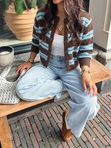 Women's Casual Striped Contrast Color Cardigan Sweater, Suitable For Leisure, Vacation, Daily Dates, Autumn/Winter - Multicolor - View 4