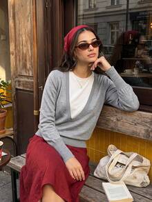 Elegant European & American Early Autumn Relaxed Commute Colorblock Knit Cardigan Soft Drape Drop Shoulder Loose Straight Long Sleeve Ribbed Workplace Coat Inner Layer Street Casual Minimalist Basic Layering Knit Outerwear - Grey - View 2