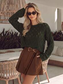 NiceArt Vertical Striped Distressed Knit Top, Winter Retro Casual Dark Green Drop Shoulder Long Sleeve Sweater, Autumn Outfit, Christmas, Halloween - Green - View 8