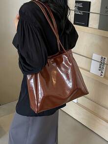Minimalist Solid Color Glossy Women's Handbag, Modern Commuter Style Shoulder Bag, Large Capacity Bag Suitable For Shopping And Commuting - Brown - View 3