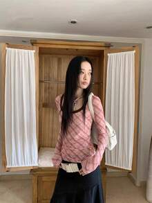 Autumn/Winter/Spring Plaid Slim Fit Pink Inner Layer Long Sleeve T-Shirt Women's Top Design - Pink - View 1