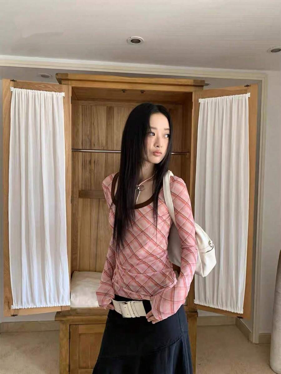Autumn/Winter/Spring Plaid Slim Fit Pink Inner Layer Long Sleeve T-Shirt Women's Top Design - Pink - View 1