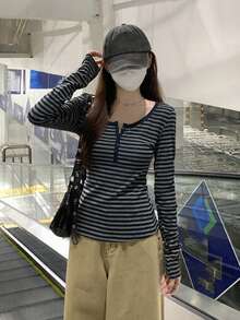 秋季韓式修身方領正肩灰色條紋長袖打底上衣女款 - 寶藍色 - 查看 4