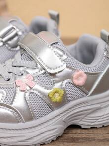 All-Season Breathable Mesh Sports Shoes For Girls, Colorful Floral Decoration, Hook And Loop Closure, Soft Sole, Non-Slip, Casual Comfortable Versatile Chunky Sneakers (Runs Small) - Silver - View 6
