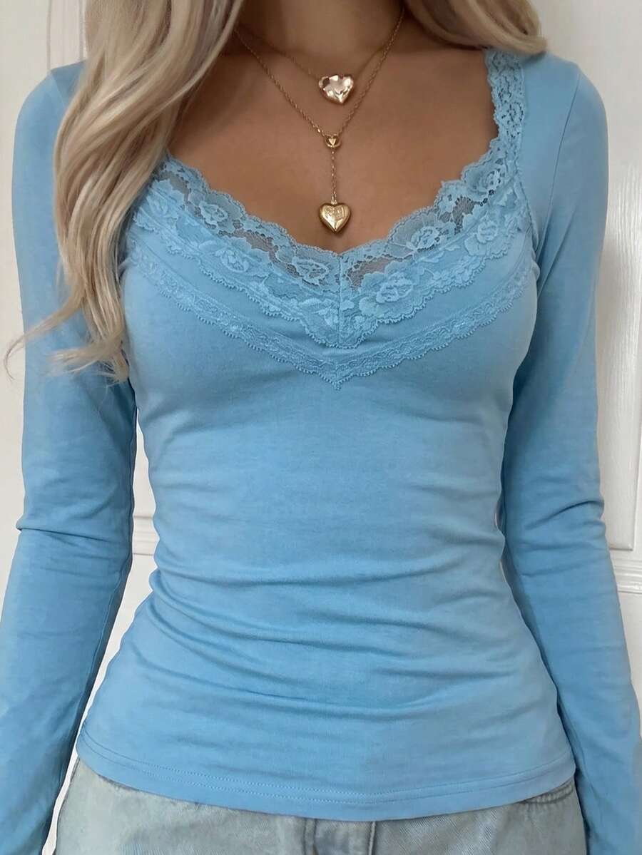 SCARLUX Autumn Y2K Women's Basic Lace Patchwork V-Neck Long Sleeve Top, Slim Fit T-Shirt, Suitable For Back To School Season Casual Daily Wear - Blue - View 1