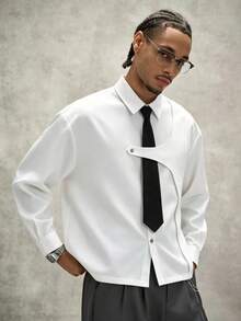 Men's White Long Sleeve Shirt, College Style Design, Long Sleeve Uniform Shirt With Detachable Tie, Suitable For Daily Outings, Outdoor Commuting, Back To School Season And Other Occasions - White - View 2