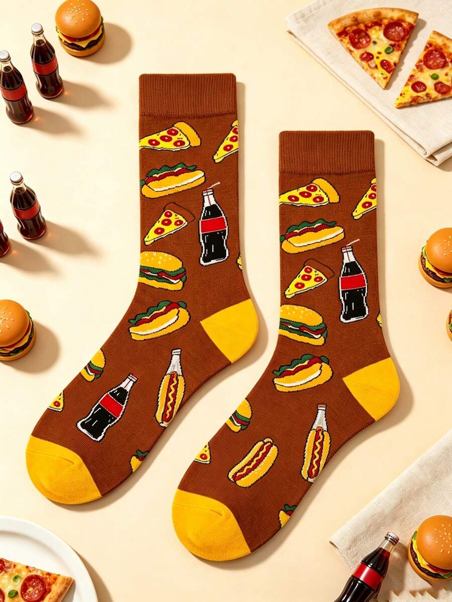 1 Pair Men's Pizza, Burger, Hot Dog, Soda Bottle Pattern Mid-Calf Socks, Soft And Breathable, Autumn/Winter Style, Halloween, Christmas Holiday Gift Choice - Multicolor - View 1