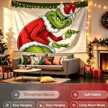 The Grinch 1PC Christmas Hanging Fabric, Party Supplies Hanging Decoration, Curtain Backdrop Tapestry, Green Monster Print Pattern, Rectangular Format, Atmospheric Background Cloth, Suitable For Winter Home Decor, Christmas Party, Photo Shoot, Holiday Soft Decoration - Multicolor - View 1