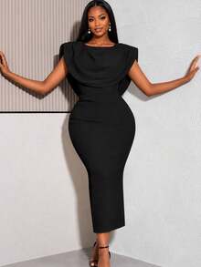 AOMEI Elegant Charming Black Slim Fit Midi Dress, With Draped High Neck Vest Design Fall Party Wedding - Black - View 12
