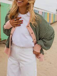 Acelitt Women's Ribbed Knit Striped Cardigan, V-Neck Dropped Shoulder Front Button Long Sleeve Casual Top, Suitable For Spring And Autumn - Multicolor - View 2