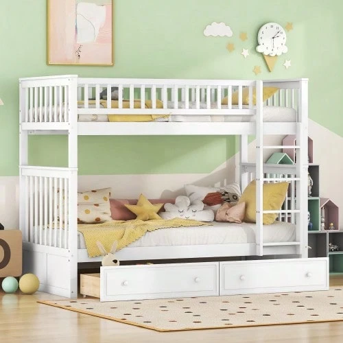 90x200cm Bunk Beds, Children's Beds, Functional Beds, Bunk Bed With Drawers, Convertible Beds, White - White - View 1