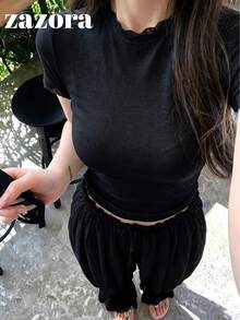 小眾法式蕾絲設計修身短版顯瘦輕量透氣透明防曬舒適短袖T恤 夏季服飾（建議搭配內搭衫） - 黑色 - 查看 4