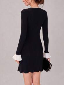 Women's Elegant Commuter Contrast Cuff Front Button Slim Fit Knit Dress - Black - View 2