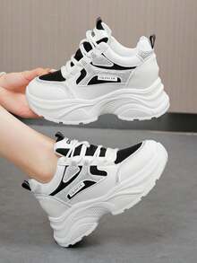 Cool Black & White Contrast Rhinestone Chunky Sneakers, Breathable Mesh & Leather Upper, Thick Sole Height Increase, Comfortable Foot Feel, Versatile Casual Sports Shoes For Daily Shopping And Outings - Black - View 3