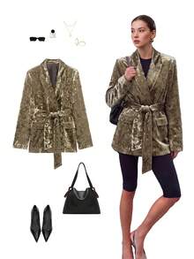 YROOE Women's Autumn/Winter Gold Embossed Velvet Lapel Wrap Tie Waist Long Sleeve Slim Fit Blazer - Gold - View 1