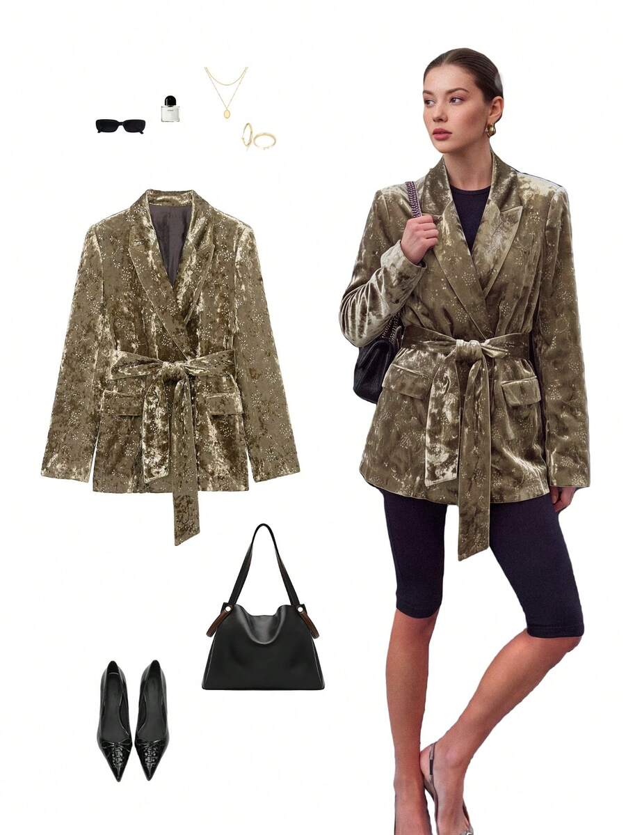 YROOE Women's Autumn/Winter Gold Embossed Velvet Lapel Wrap Tie Waist Long Sleeve Slim Fit Blazer - Gold - View 1