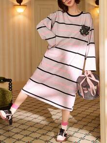 Gongdie Universal Women Toothless Nightgown,Spring Fall Gray Contrast Striped Soft Cotton Loungewear With Pocket - Grey - View 10