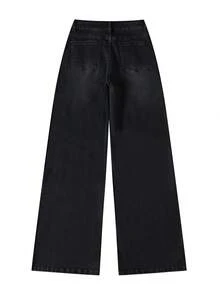 Women's Black Denim Wide Leg Pants, Button Decor, Long Casual Style, Medium Stretch Fabric, Comfortable All Day - Black - View 4