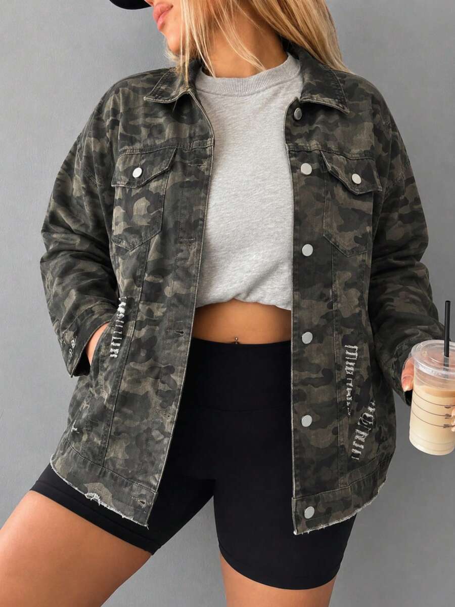 Plus Size Women's Denim Jacket, Casual Loose Camouflage Denim Coat ...