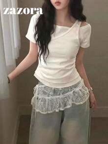 Kaos Lengan Pendek Wanita Gaya Korea Musim Panas dengan Bahu Asimetris, Model 2 in 1, Slimming, Serbaguna, dan Patchwork, Warna Putih Kasual - Putih - View 5