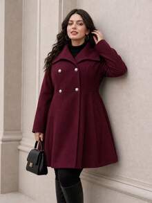 Plus Size Women's Winter Thickened Coat, Burgundy Asymmetrical Collar Double-Breasted A-Line Mid-Length Jacket - Burgundy - View 6