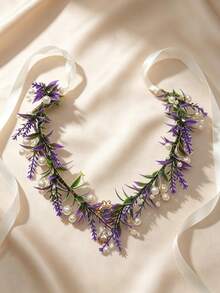 1pc Women's Bohemian Style Purple Artificial Flower Wreath With Pearl & Crystal Pendant Bridal Wedding Party Headband - Multicolor - View 4