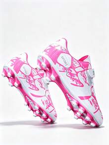 1 Pair White & Pink Camo Graffiti Football Cleats, Long Studs, High Speed, Anti-Slip, Hook & Loop Closure, Lightweight & Breathable (Hand-Painted Sole With Uneven Finish, Asymmetrical Pattern & Color On Upper) - White Powder - View 16