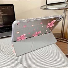 1件裝可愛粉色格紋蝴蝶結與星星三折背蓋全透明殼，超薄支架防震防摔筆槽平板保護殼，相容 iPad 10.9/10.2/Air 5th/Pro 11/10th/9.7/Air 2/7th/8th/Air 4/5/Air 13/11(A16 2025)，相容 OPPO Pad，相容 MatePad，相容 Honor Pad - 彩色 - 查看 6