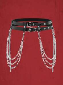 1pc Women's Black Fashion Double Layer Belt With Chain Punk Adjustable Round Ring Decor, Suitable For Halloween Party Events Or Daily Wear - Black - View 4