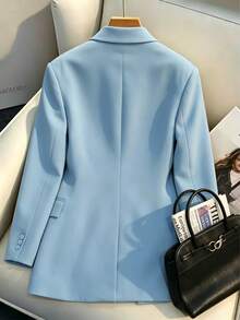 Women's Fashion Light Blue Woven Fabric Blazer, Long Sleeve Regular Fit Jacket, Regular Length, Creating A Fashion-Forward Style - Blue - View 3