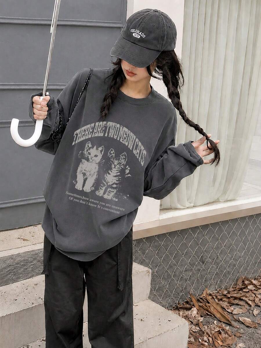 Women's Loose FitLetter & Cat Print Long Sleeve T-Shirt, Versatile For Spring And Autumn Casual - Dark Grey - View 1
