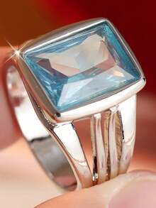 Gmzalx Minimalist Wide Band Women's Ring, Rectangular Aquamarine Synthetic Zirconia Inlaid, 3D Vertical Textured Hollow Ring, Suitable For Daily Commute, Business And Banquet - Two-color - View 8