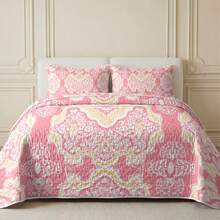 3pcs Pink Background With White & Yellow Floral Pattern Quilted Bedding Set (1 Bed Cover, 2 Pillowcases, Pillow Inserts Not Included) Breathable & Comfortable, Suitable For All Seasons, Holiday Gift, Ideal For Hotels, Guest Houses, Bedrooms, Ultra Soft & Breathable Sweat-Absorbent Bedding - Multicolor - View 1