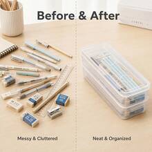 3 Small Clear Plastic Storage Boxes With Lids, Desk Organizer Pen Holder, Stackable Plastic Storage Containers, Suitable For Teachers, Craft Enthusiasts, School Office Desk Supplies Storage, Back To School Essentials - Transparent - View 6
