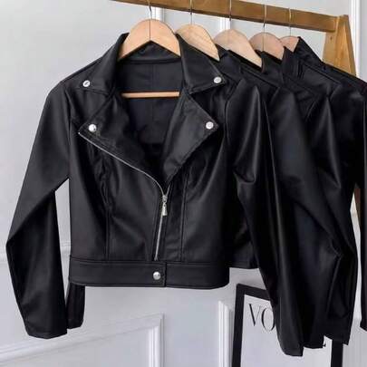 Jaqueta de Couro Feminina Cropped PU com Zíper Assimétrico Estilo Biker Inverno