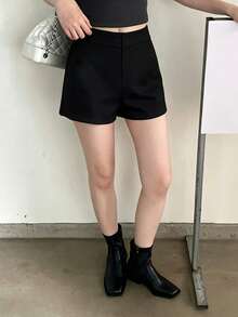 Women's Straight Leg Fabric Mini Shorts, With Zipper Detail, Slight Stretch, Black Casual Shorts - Black - View 3